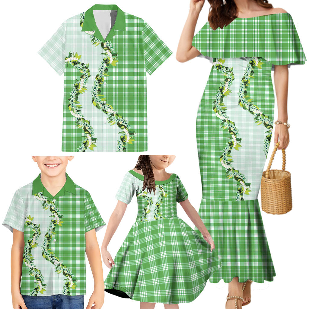 Green Hawaii Palaka Family Matching Mermaid Dress and Hawaiian Shirt Maile Pikake Honohono Orchid Lei