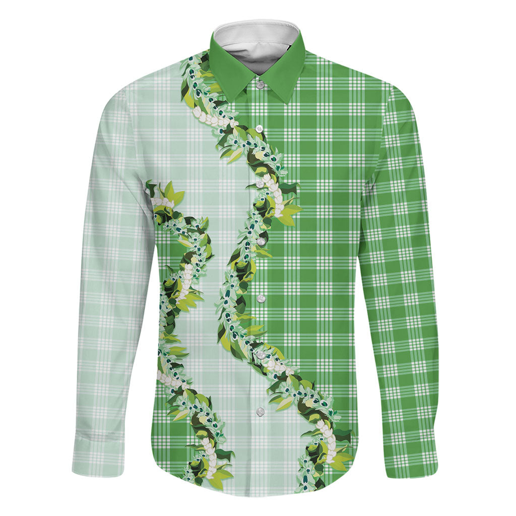Green Hawaii Palaka Family Matching Mermaid Dress and Hawaiian Shirt Maile Pikake Honohono Orchid Lei