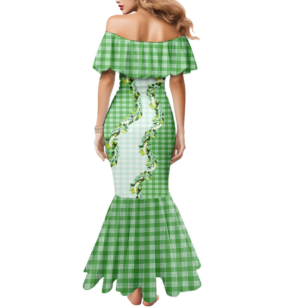 Green Hawaii Palaka Family Matching Mermaid Dress and Hawaiian Shirt Maile Pikake Honohono Orchid Lei