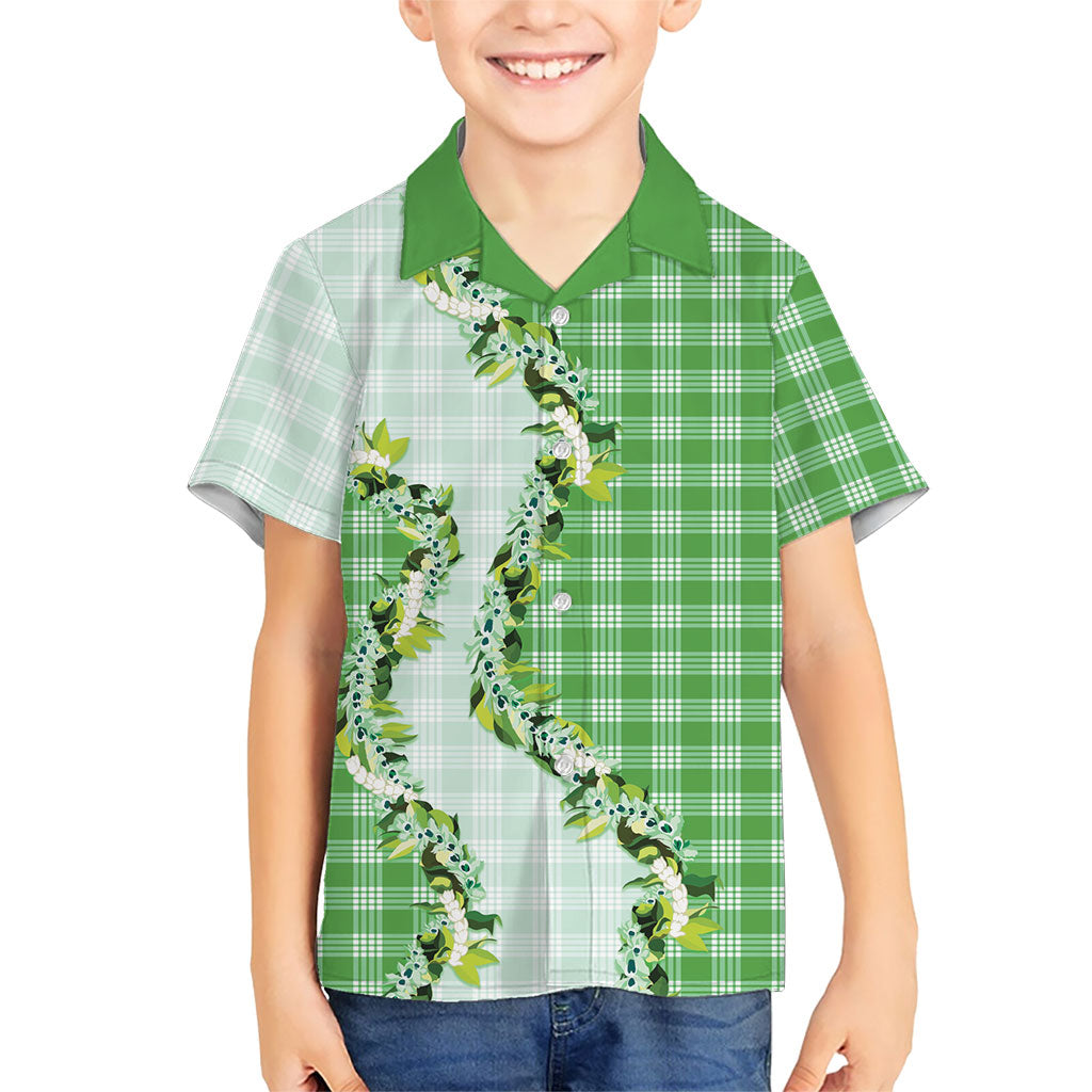 Green Hawaii Palaka Family Matching Mermaid Dress and Hawaiian Shirt Maile Pikake Honohono Orchid Lei