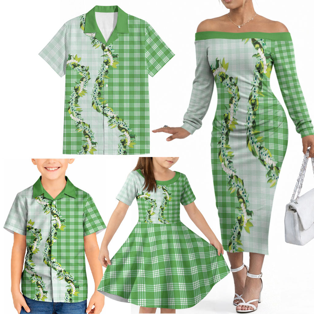 Green Hawaii Palaka Family Matching Off The Shoulder Long Sleeve Dress and Hawaiian Shirt Maile Pikake Honohono Orchid Lei LT05 - Polynesian Pride