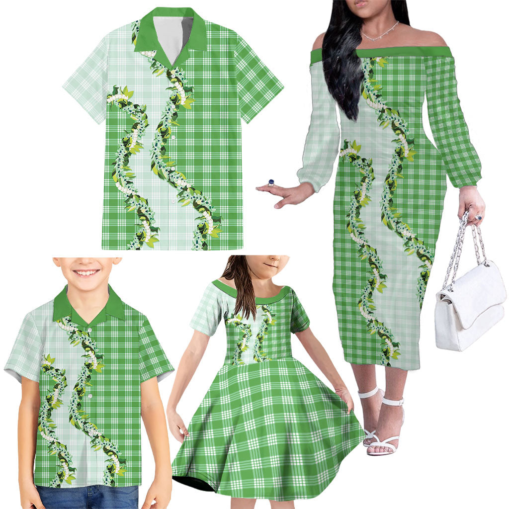 Green Hawaii Palaka Family Matching Off The Shoulder Long Sleeve Dress and Hawaiian Shirt Maile Pikake Honohono Orchid Lei