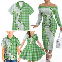 Green Hawaii Palaka Family Matching Off The Shoulder Long Sleeve Dress and Hawaiian Shirt Maile Pikake Honohono Orchid Lei LT05 - Polynesian Pride