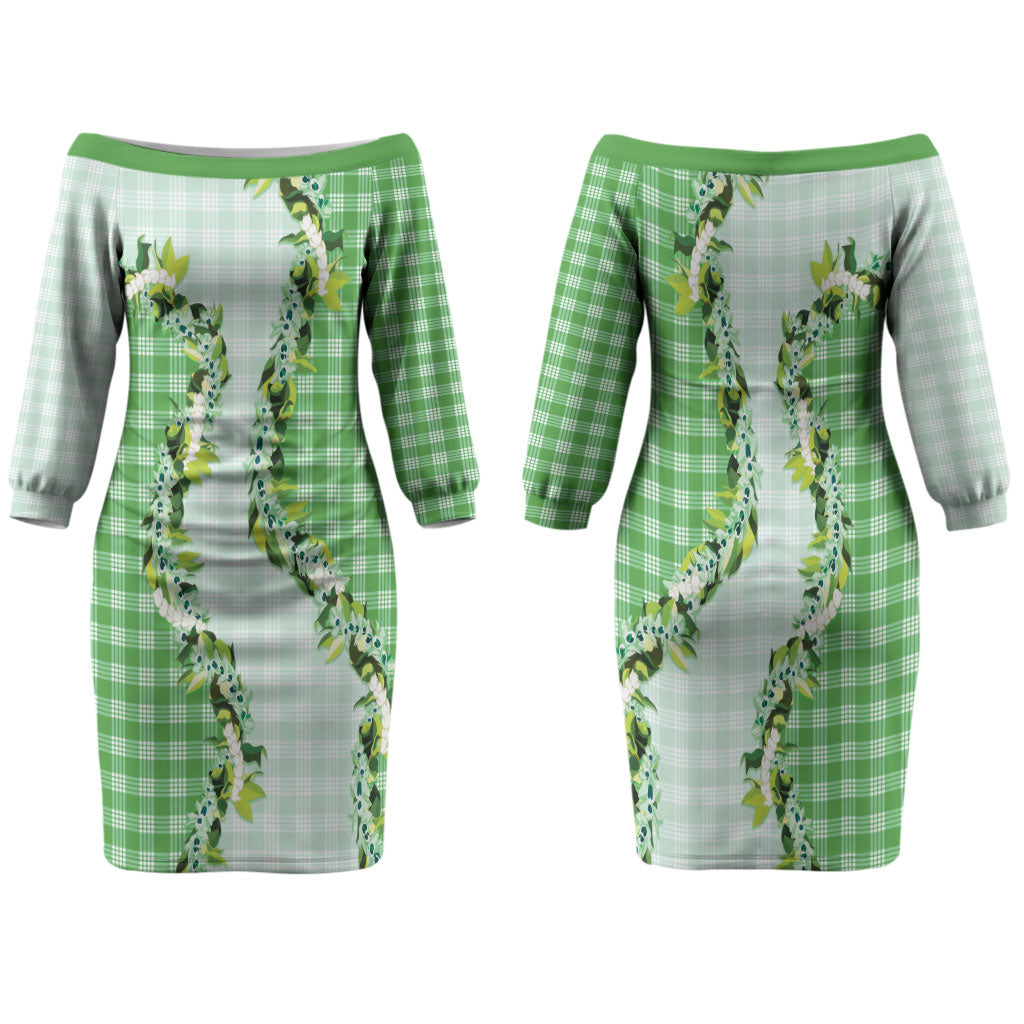 Green Hawaii Palaka Family Matching Off The Shoulder Long Sleeve Dress and Hawaiian Shirt Maile Pikake Honohono Orchid Lei LT05 Mom's Dress Green - Polynesian Pride