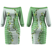Green Hawaii Palaka Family Matching Off The Shoulder Long Sleeve Dress and Hawaiian Shirt Maile Pikake Honohono Orchid Lei LT05 Mom's Dress Green - Polynesian Pride