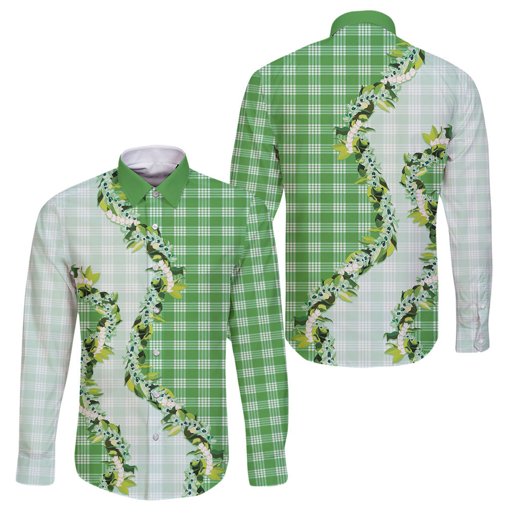 Green Hawaii Palaka Family Matching Off The Shoulder Long Sleeve Dress and Hawaiian Shirt Maile Pikake Honohono Orchid Lei LT05 Dad's Shirt - Long Sleeve Green - Polynesian Pride