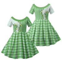 Green Hawaii Palaka Family Matching Off The Shoulder Long Sleeve Dress and Hawaiian Shirt Maile Pikake Honohono Orchid Lei LT05 Daughter's Dress Green - Polynesian Pride