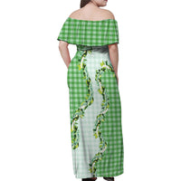 Green Hawaii Palaka Family Matching Off Shoulder Maxi Dress and Hawaiian Shirt Maile Pikake Honohono Orchid Lei
