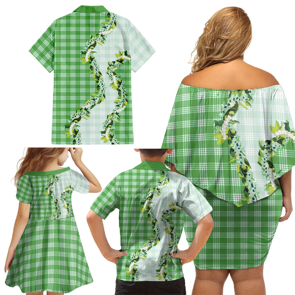 Green Hawaii Palaka Family Matching Off Shoulder Short Dress and Hawaiian Shirt Maile Pikake Honohono Orchid Lei