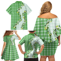 Green Hawaii Palaka Family Matching Off Shoulder Short Dress and Hawaiian Shirt Maile Pikake Honohono Orchid Lei