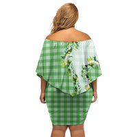 Green Hawaii Palaka Family Matching Off Shoulder Short Dress and Hawaiian Shirt Maile Pikake Honohono Orchid Lei
