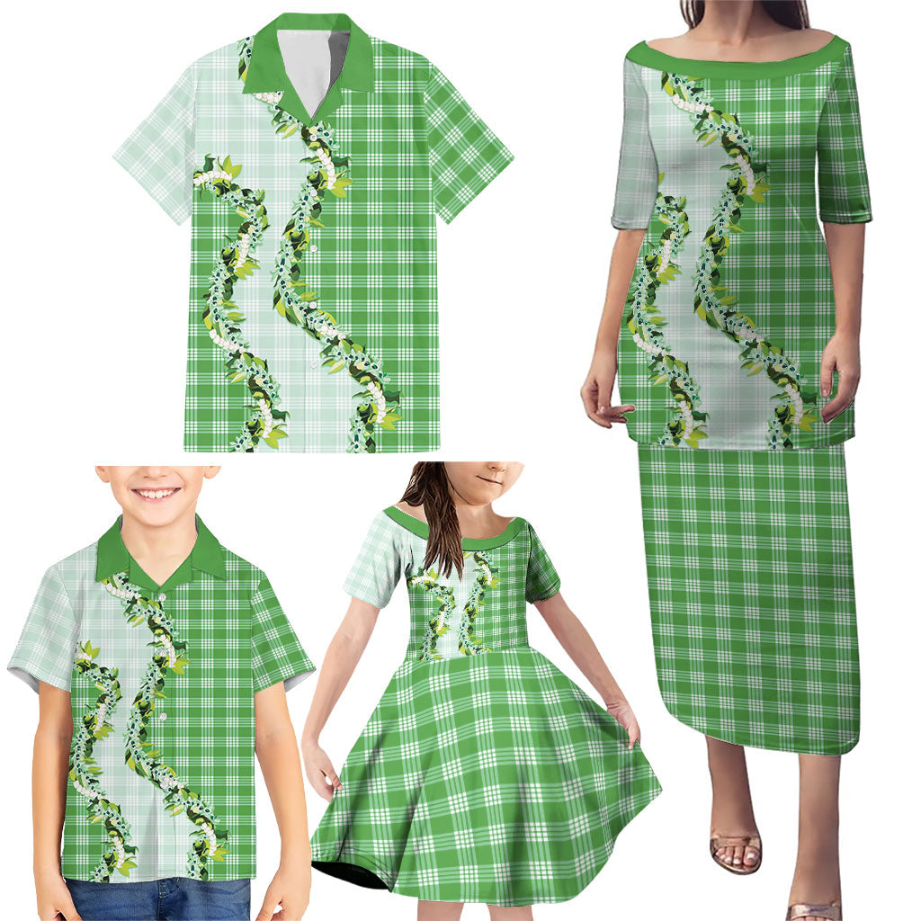 Green Hawaii Palaka Family Matching Puletasi and Hawaiian Shirt Maile Pikake Honohono Orchid Lei