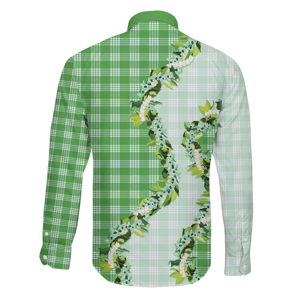 Green Hawaii Palaka Family Matching Puletasi and Hawaiian Shirt Maile Pikake Honohono Orchid Lei