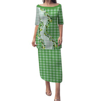Green Hawaii Palaka Family Matching Puletasi and Hawaiian Shirt Maile Pikake Honohono Orchid Lei