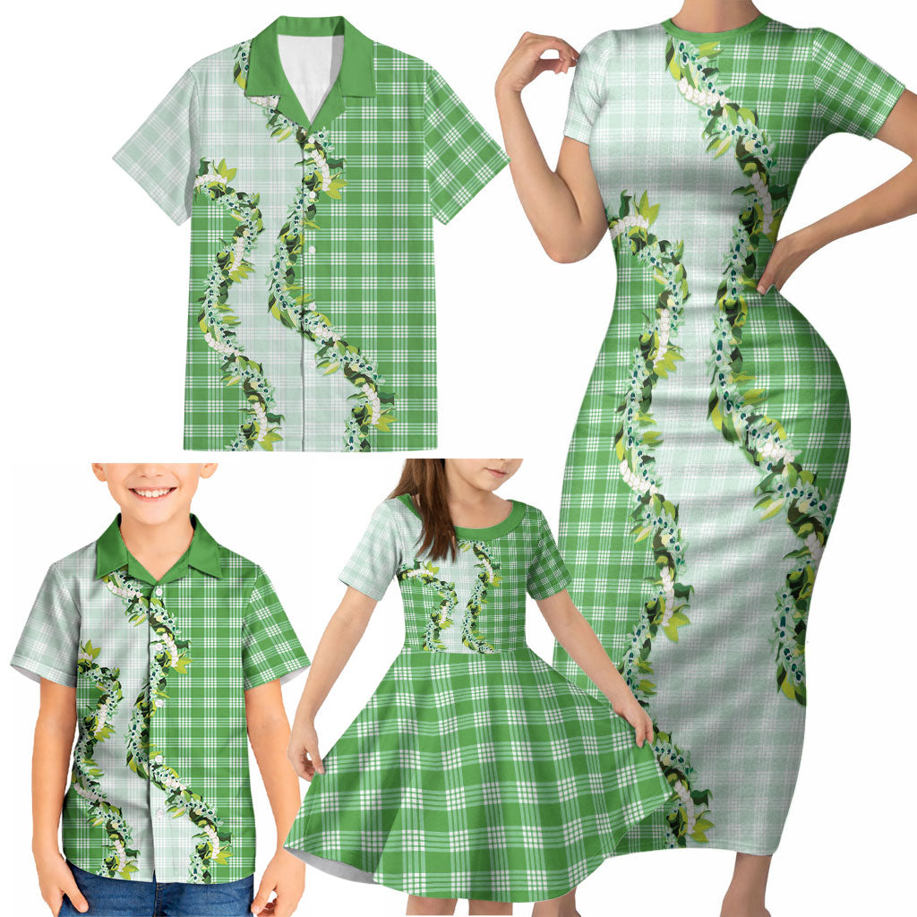 Green Hawaii Palaka Family Matching Short Sleeve Bodycon Dress and Hawaiian Shirt Maile Pikake Honohono Orchid Lei LT05 - Polynesian Pride