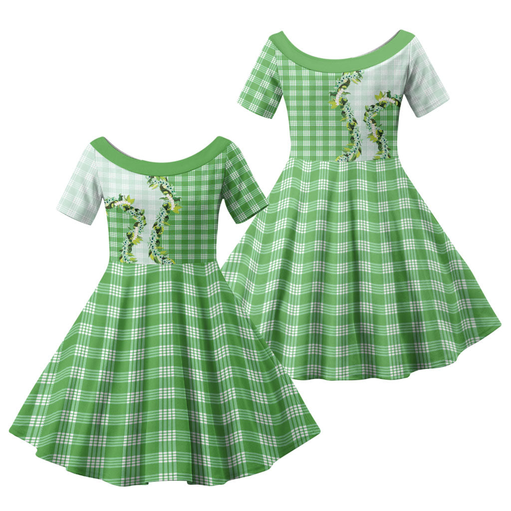 Green Hawaii Palaka Family Matching Short Sleeve Bodycon Dress and Hawaiian Shirt Maile Pikake Honohono Orchid Lei LT05 Daughter's Dress Green - Polynesian Pride