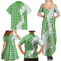 Green Hawaii Palaka Family Matching Summer Maxi Dress and Hawaiian Shirt Maile Pikake Honohono Orchid Lei