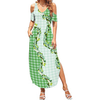 Green Hawaii Palaka Family Matching Summer Maxi Dress and Hawaiian Shirt Maile Pikake Honohono Orchid Lei