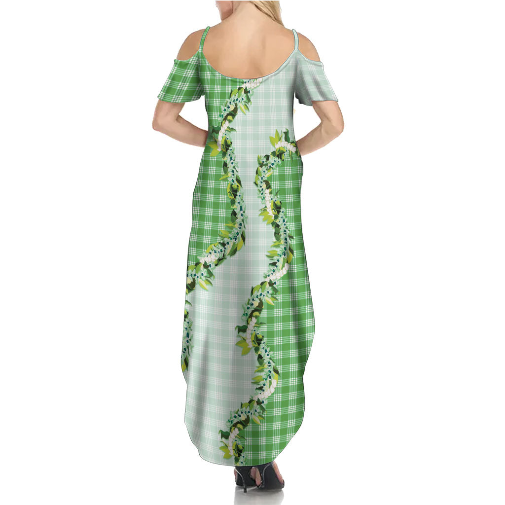 Green Hawaii Palaka Family Matching Summer Maxi Dress and Hawaiian Shirt Maile Pikake Honohono Orchid Lei