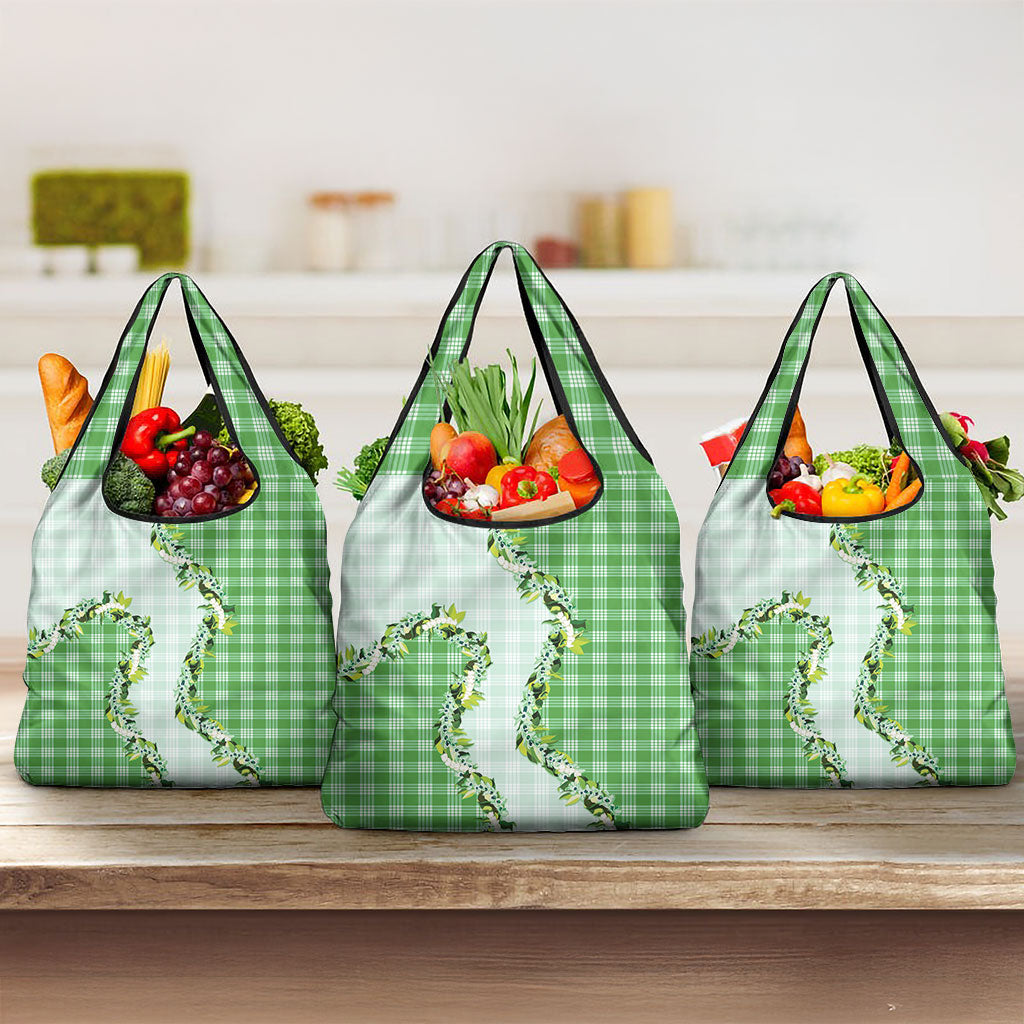 Green Hawaii Palaka Grocery Bag Maile Pikake Honohono Orchid Lei