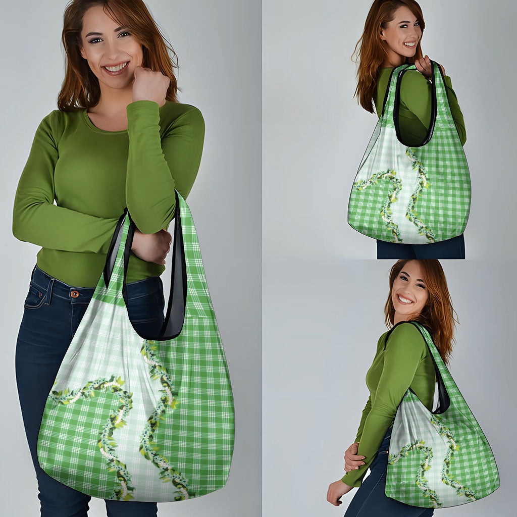 Green Hawaii Palaka Grocery Bag Maile Pikake Honohono Orchid Lei