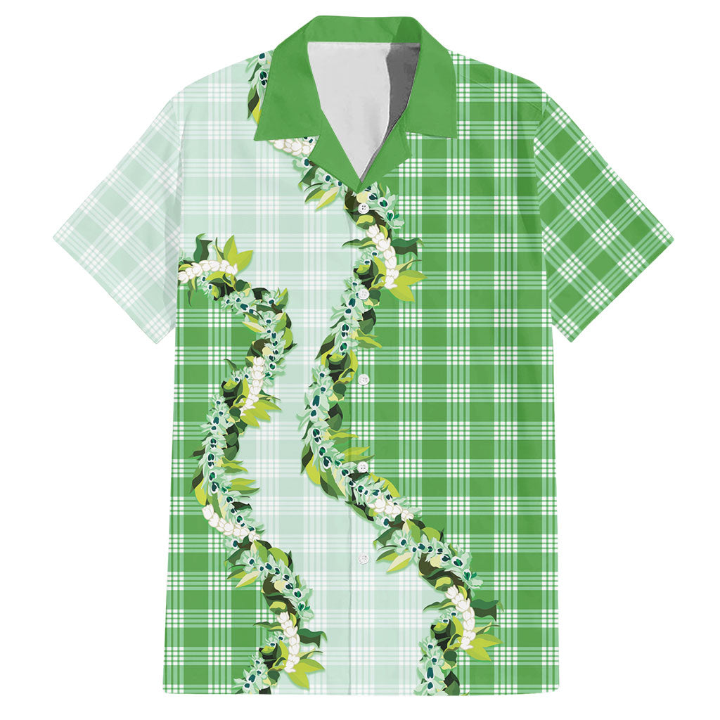 Green Hawaii Palaka Hawaiian Shirt Maile Pikake Honohono Orchid Lei