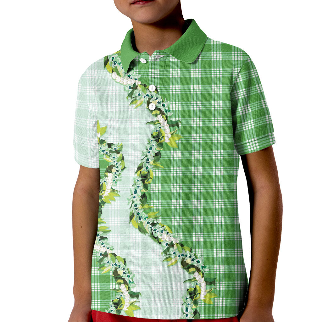 Green Hawaii Palaka Kid Polo Shirt Maile Pikake Honohono Orchid Lei LT05 Kid Green - Polynesian Pride