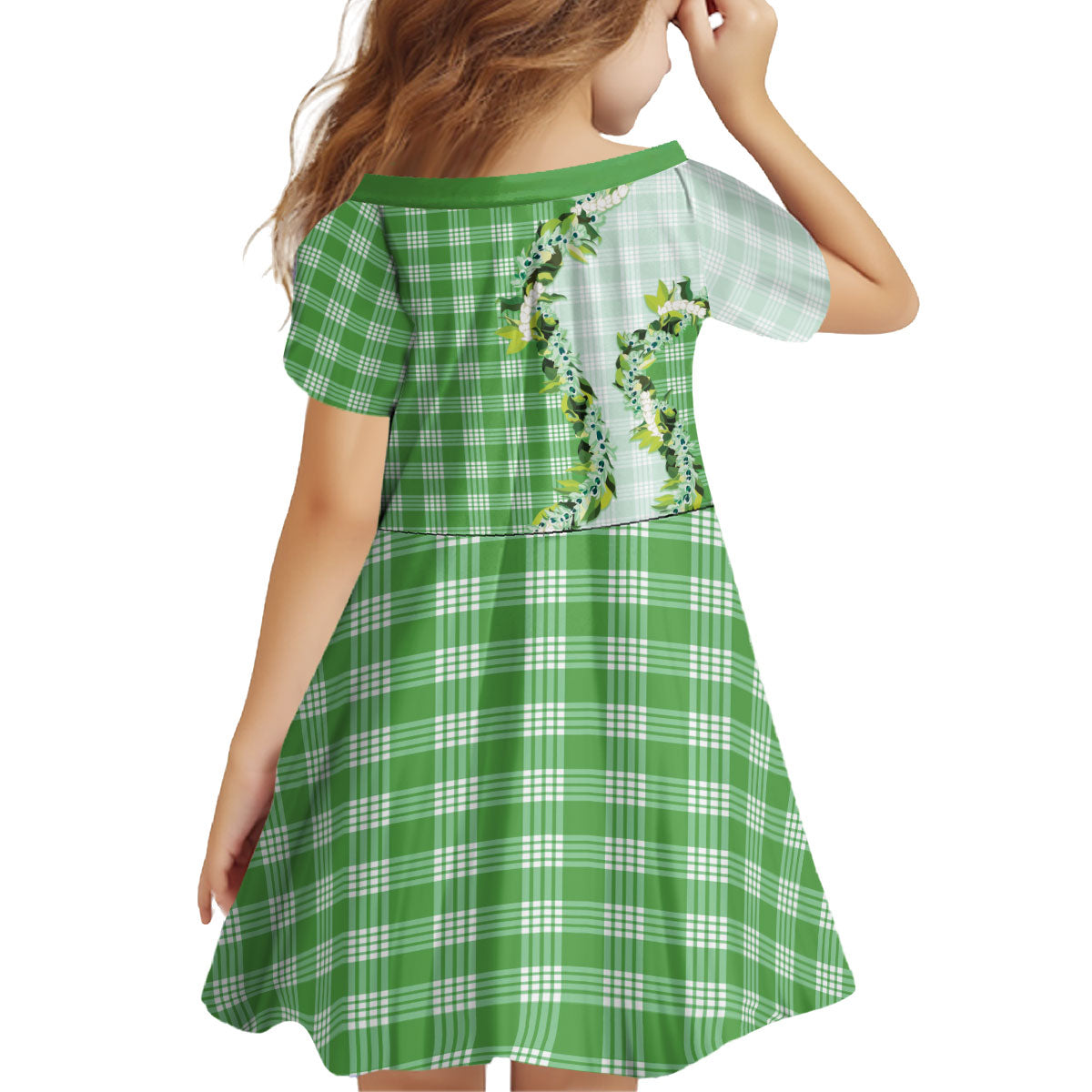 Green Hawaii Palaka Kid Short Sleeve Dress Maile Pikake Honohono Orchid Lei