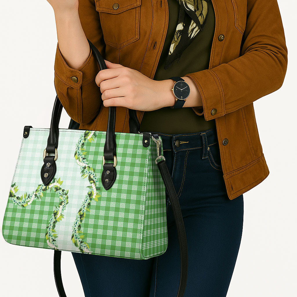 Green Hawaii Palaka Leather Bag Maile Pikake Honohono Orchid Lei