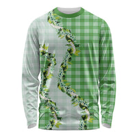 Green Hawaii Palaka Long Sleeve Shirt Maile Pikake Honohono Orchid Lei