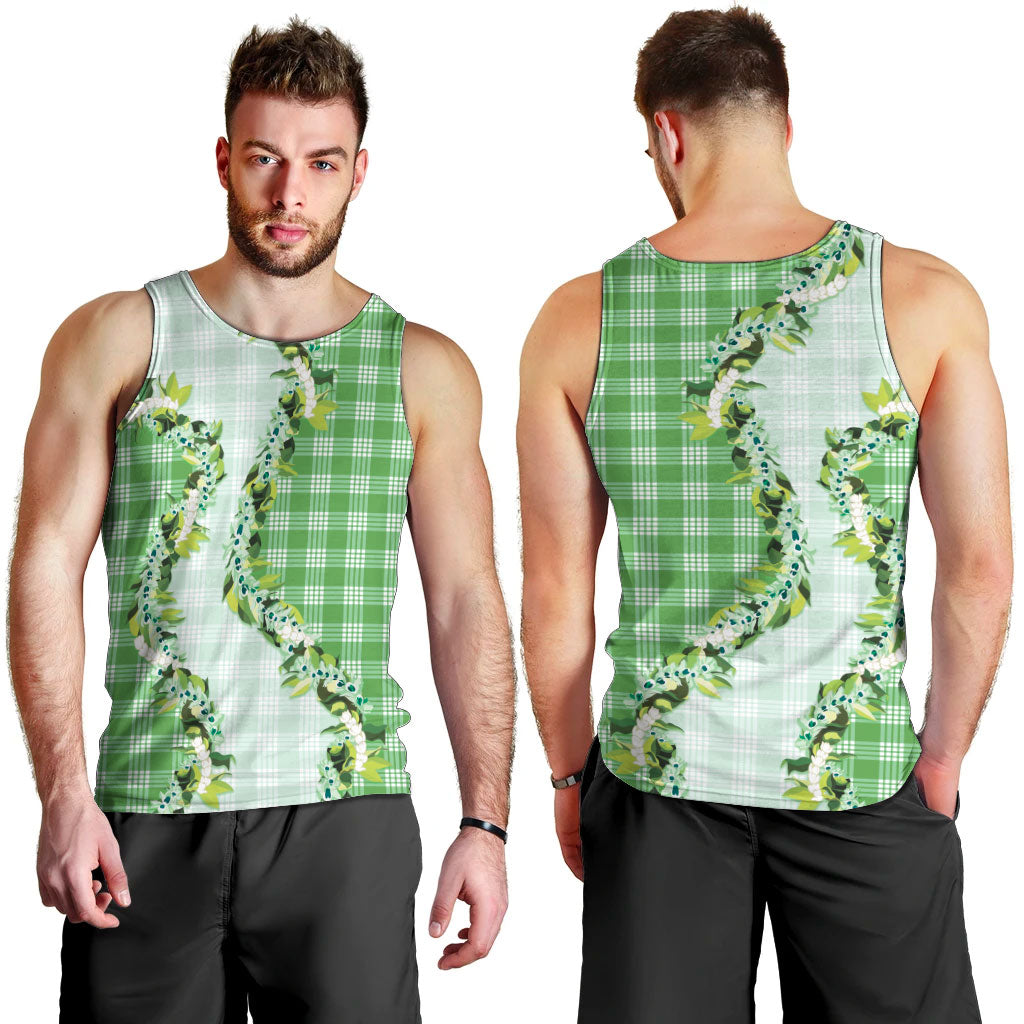 Green Hawaii Palaka Men Tank Top Maile Pikake Honohono Orchid Lei