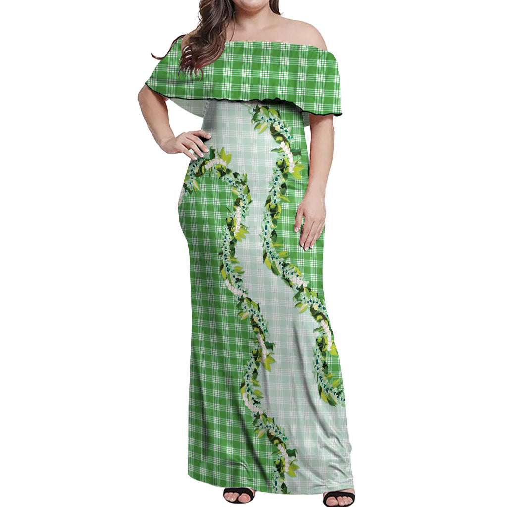 Green Hawaii Palaka Off Shoulder Maxi Dress Maile Pikake Honohono Orchid Lei