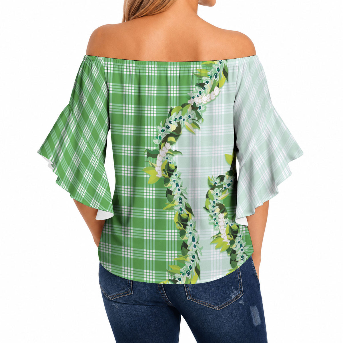 Green Hawaii Palaka Off Shoulder Wrap Waist Top Maile Pikake Honohono Orchid Lei LT05 - Polynesian Pride