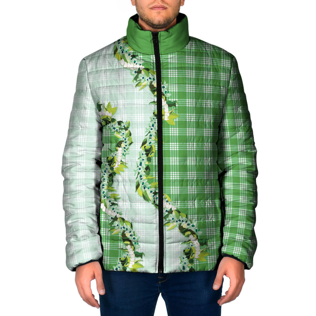 Green Hawaii Palaka Padded Jacket Maile Pikake Honohono Orchid Lei
