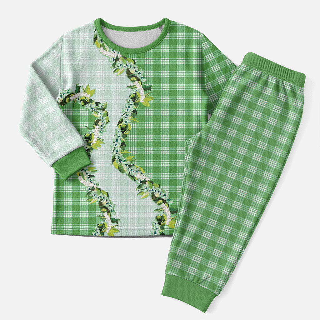 Green Hawaii Palaka Christmas Pajama Set Maile Pikake Honohono Orchid Lei