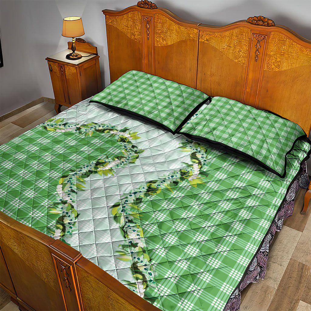 Green Hawaii Palaka Quilt Bed Set Maile Pikake Honohono Orchid Lei