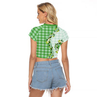 Green Hawaii Palaka Raglan Cropped T Shirt Maile Pikake Honohono Orchid Lei