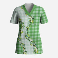 Green Hawaii Palaka Scrub Top Maile Pikake Honohono Orchid Lei