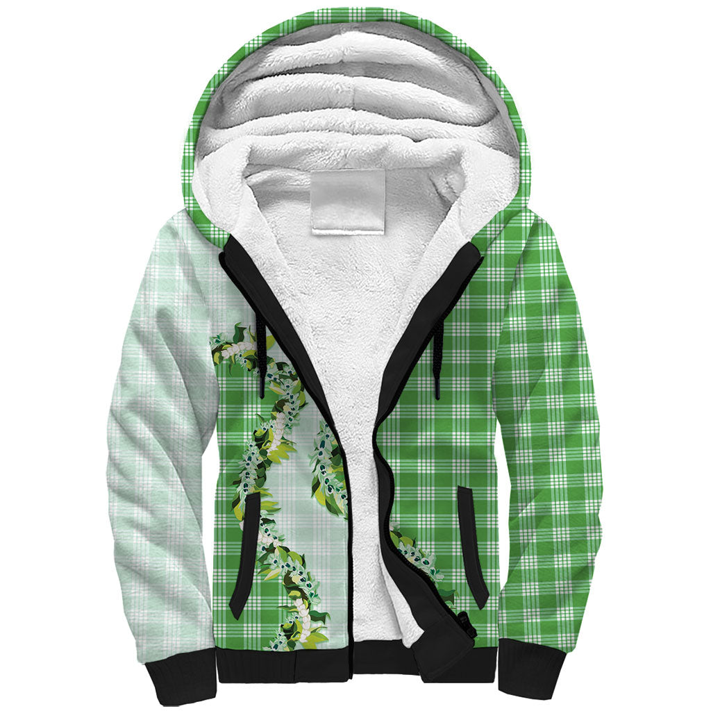 Green Hawaii Palaka Sherpa Hoodie Maile Pikake Honohono Orchid Lei