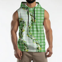 Green Hawaii Palaka Sleeveless Hoodie Maile Pikake Honohono Orchid Lei