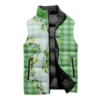 Green Hawaii Palaka Sleeveless Puffer Jacket Maile Pikake Honohono Orchid Lei