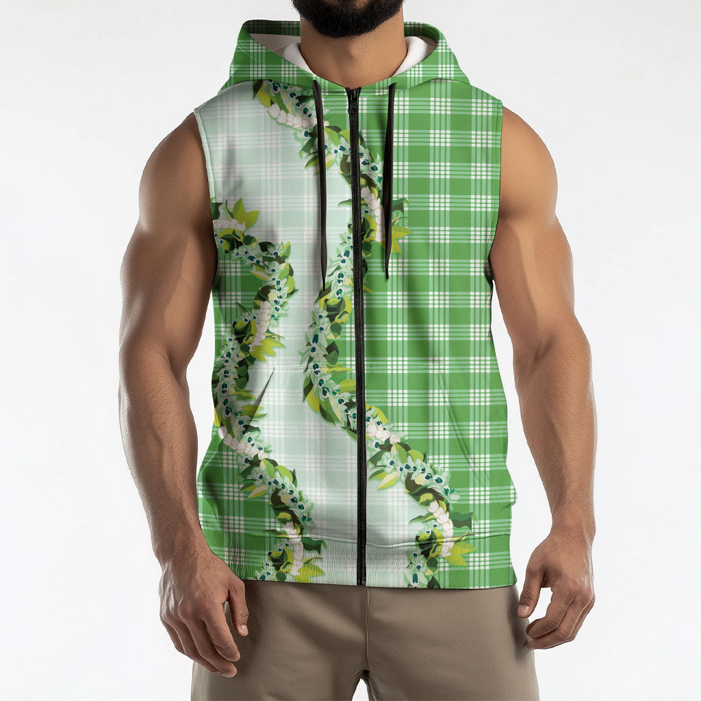 Green Hawaii Palaka Sleeveless Zip Hoodie Maile Pikake Honohono Orchid Lei