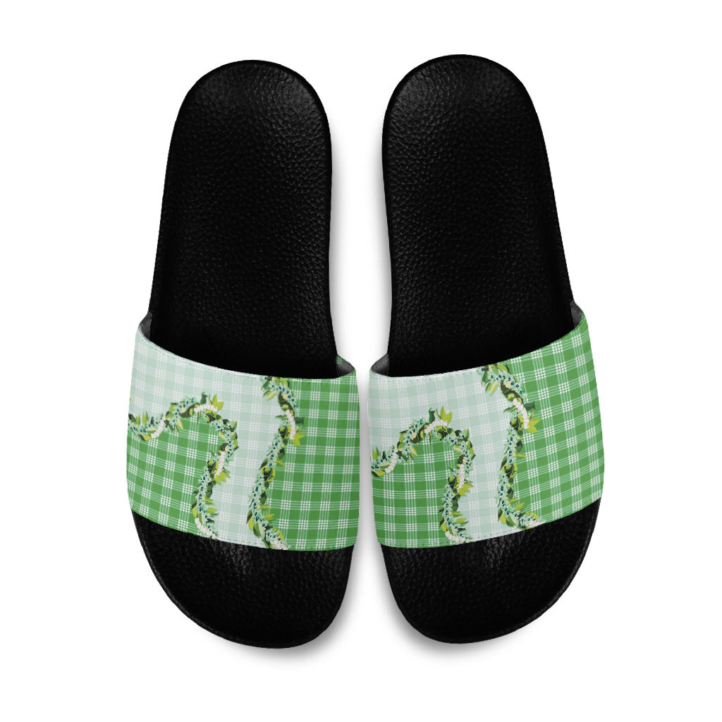 Green Hawaii Palaka Slide Sandals Maile Pikake Honohono Orchid Lei