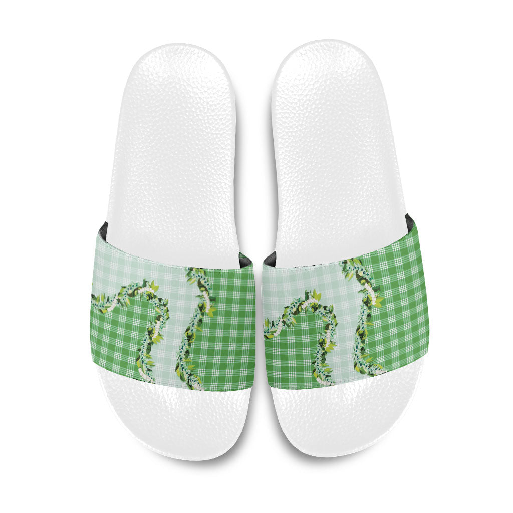 Green Hawaii Palaka Slide Sandals Maile Pikake Honohono Orchid Lei