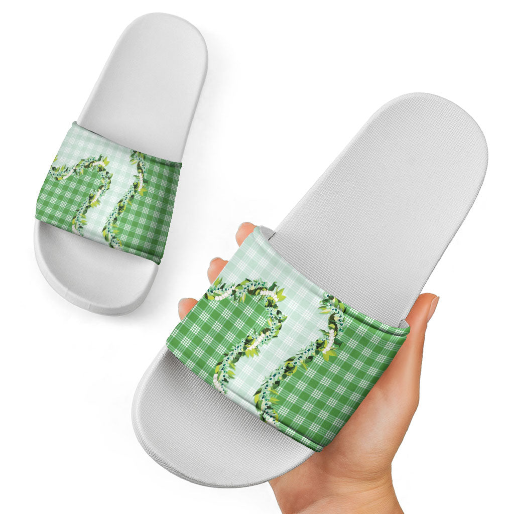 Green Hawaii Palaka Slide Sandals Maile Pikake Honohono Orchid Lei