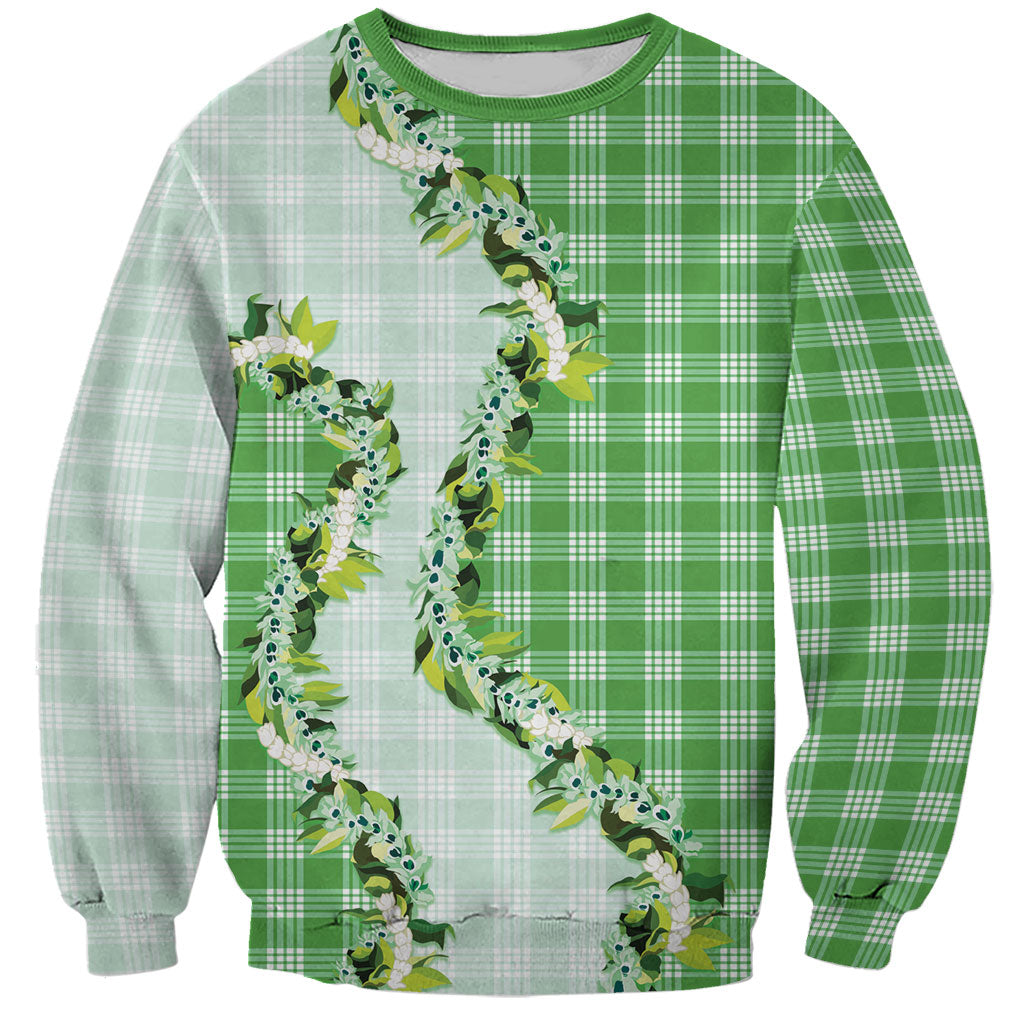Green Hawaii Palaka Sweatshirt Maile Pikake Honohono Orchid Lei