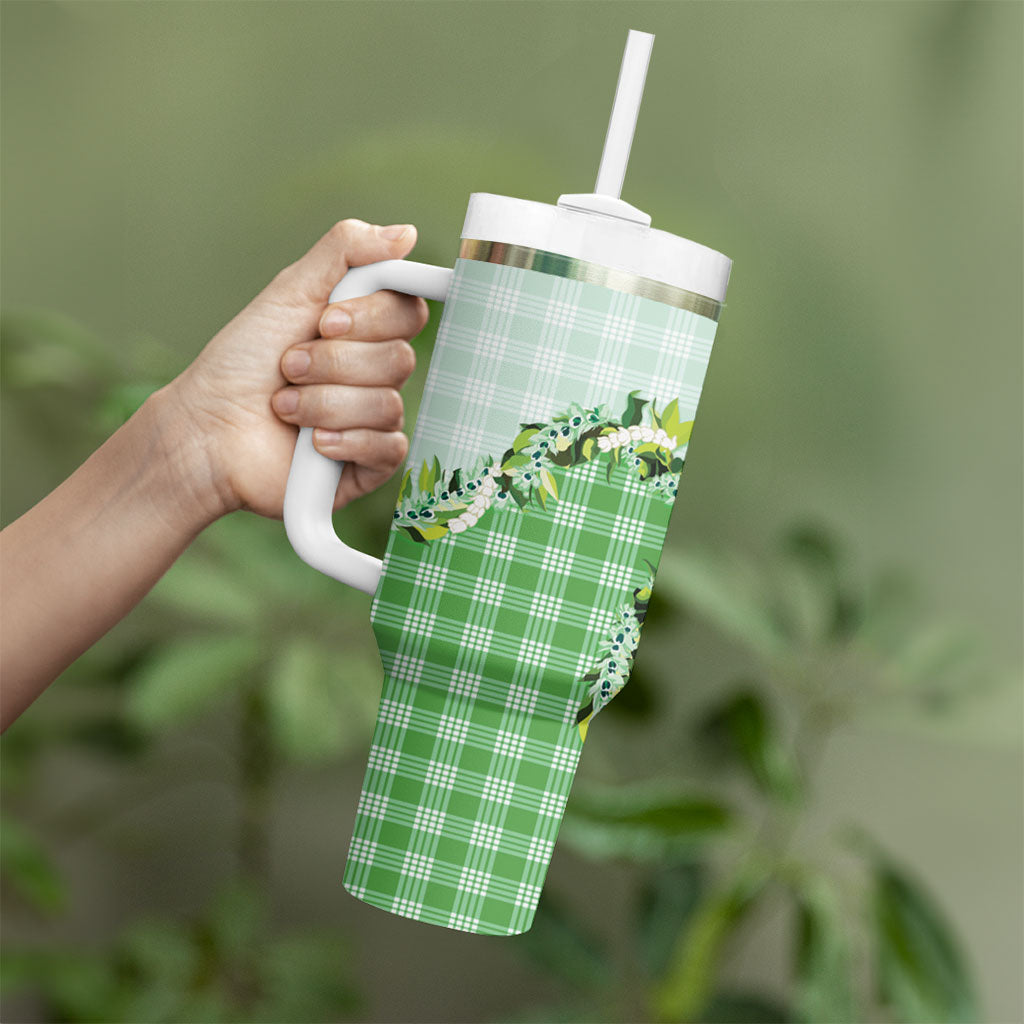 Green Hawaii Palaka Tumbler With Handle Maile Pikake Honohono Orchid Lei LT05 - Polynesian Pride