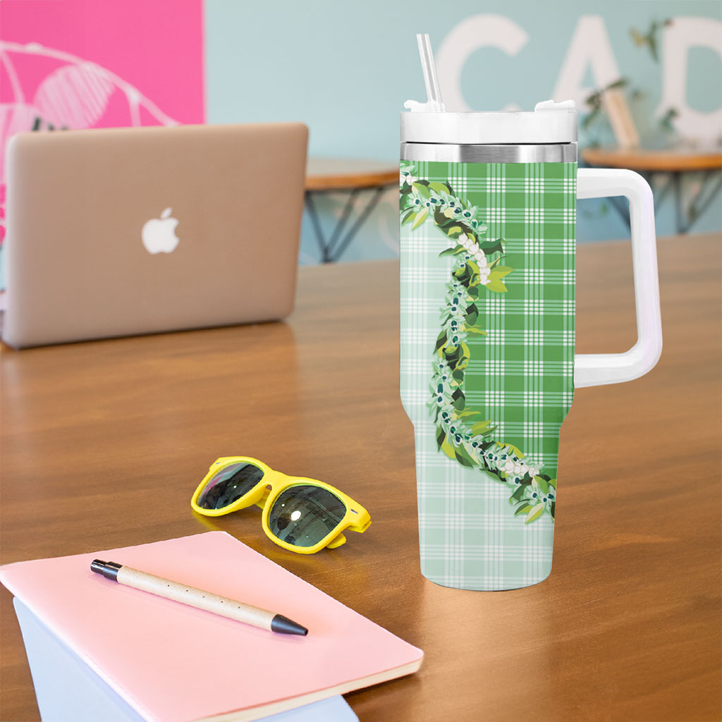 Green Hawaii Palaka Tumbler With Handle Maile Pikake Honohono Orchid Lei LT05 - Polynesian Pride