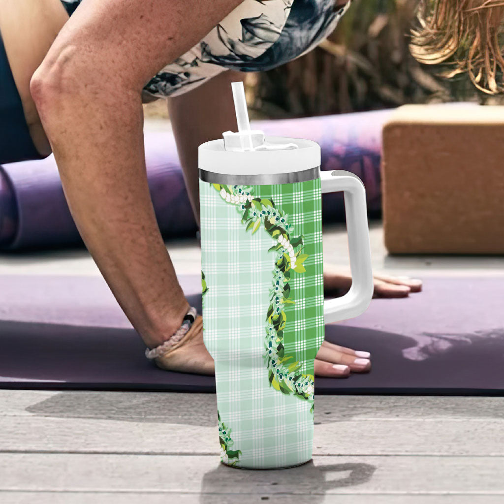 Green Hawaii Palaka Tumbler With Handle Maile Pikake Honohono Orchid Lei LT05 - Polynesian Pride