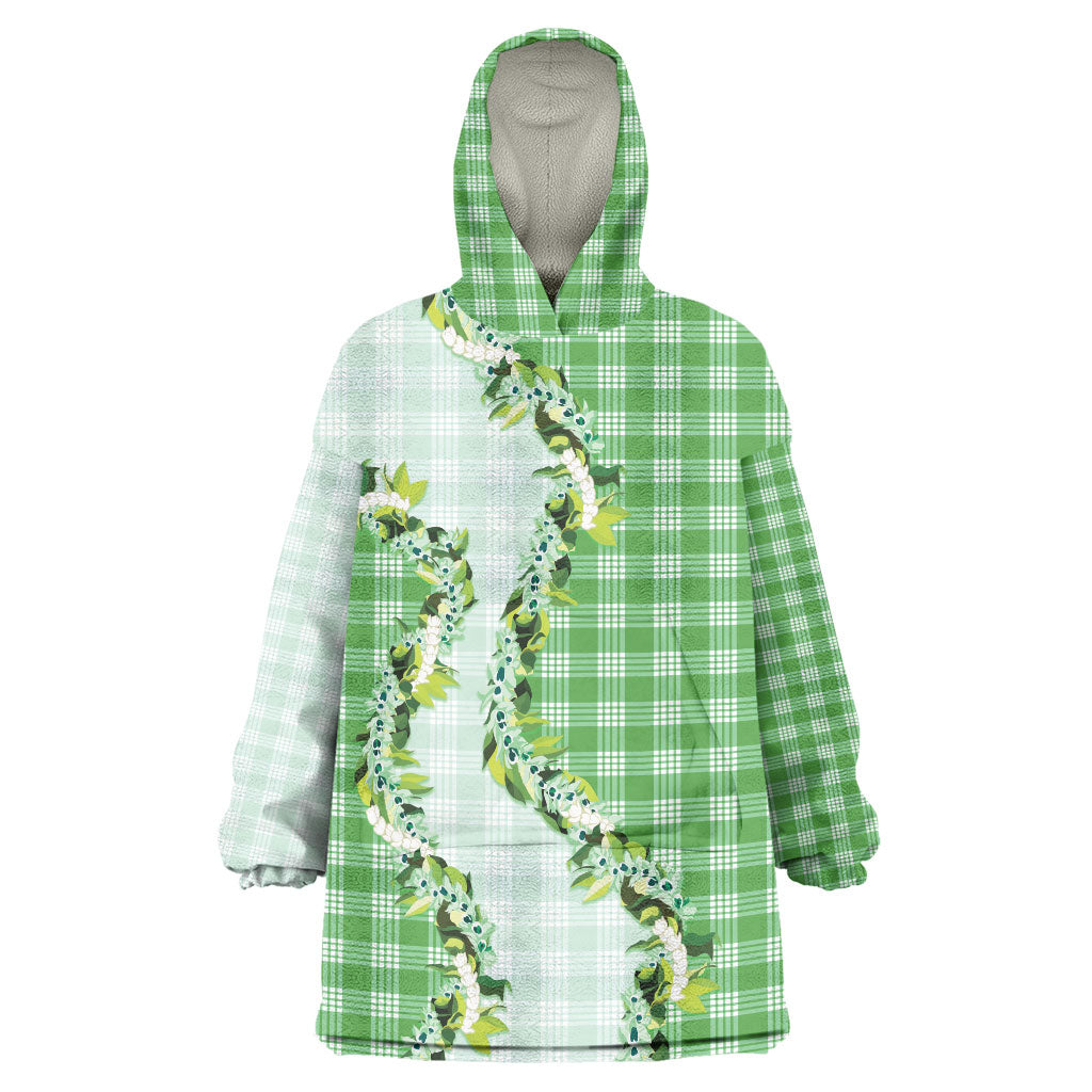 Green Hawaii Palaka Wearable Blanket Hoodie Maile Pikake Honohono Orchid Lei